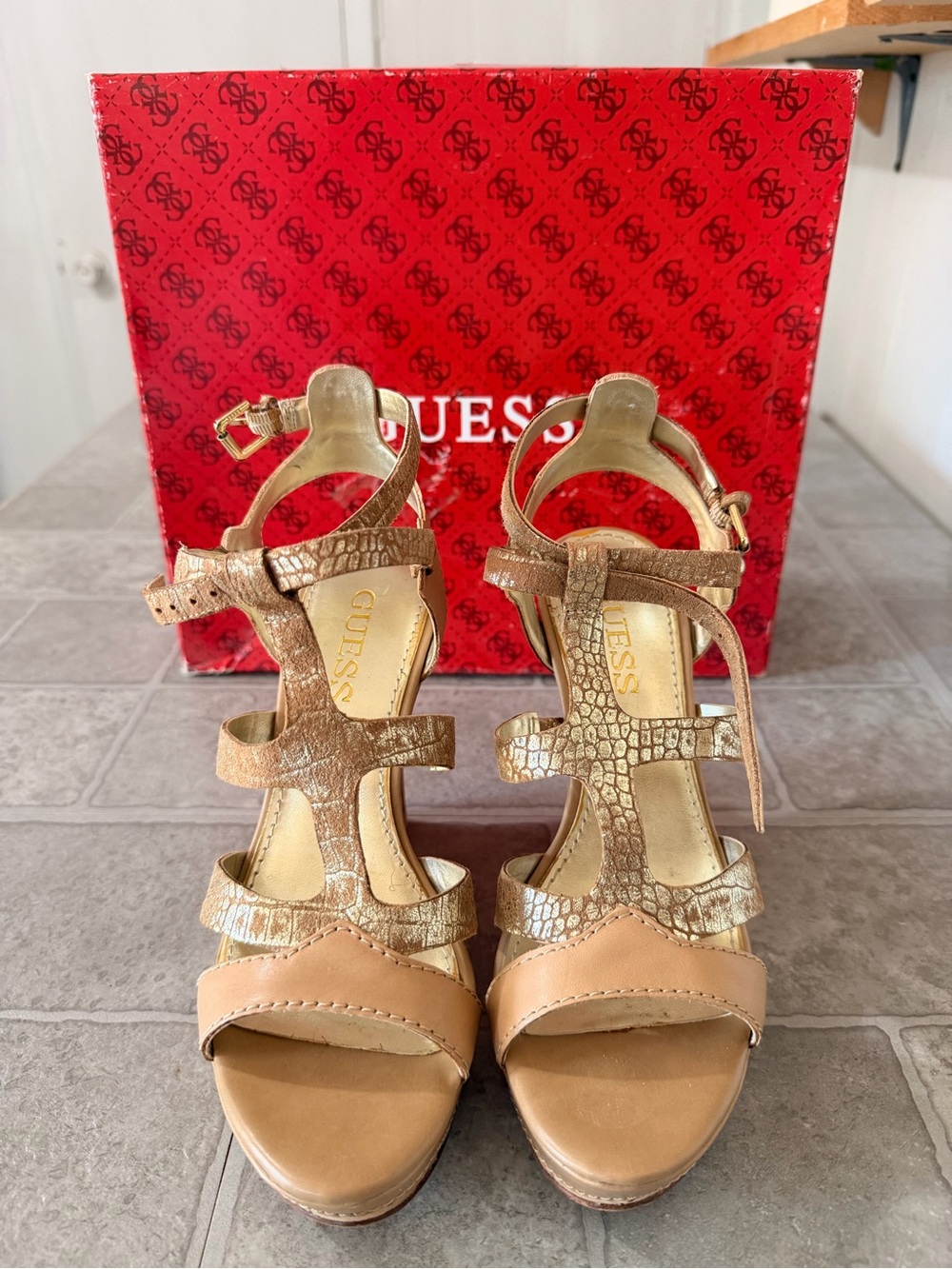 GUESS Gold and Tan Croc-Embossed Strappy Heels